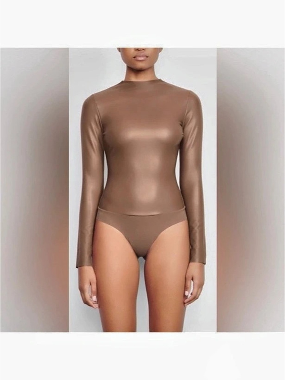 SKIMS Faux Leather Mock Neck Bodysuit in tan Size Small